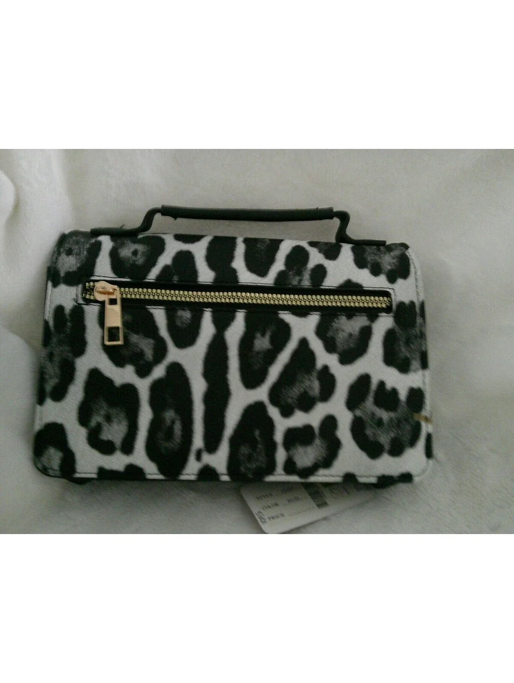 Black and White Leopard Print Crossbody Bag with Gold Zipper
